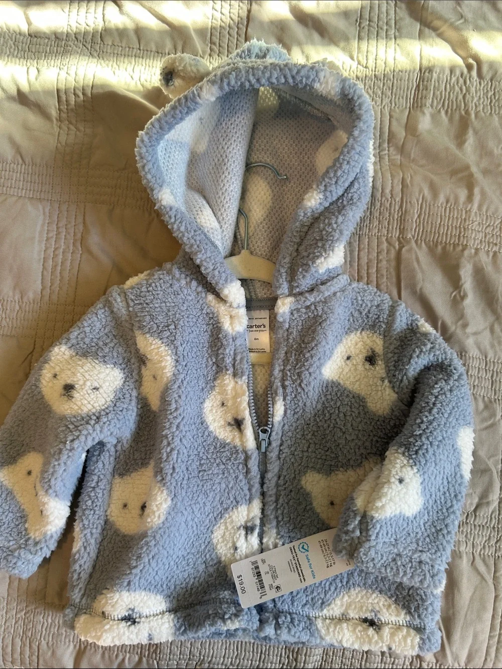 Carter's Light Blue Sherpa Hoodie with Cream Bear Faces
